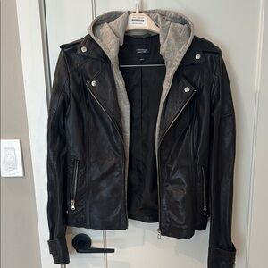 Lamarque Black Leather Jacket with Gray Hood